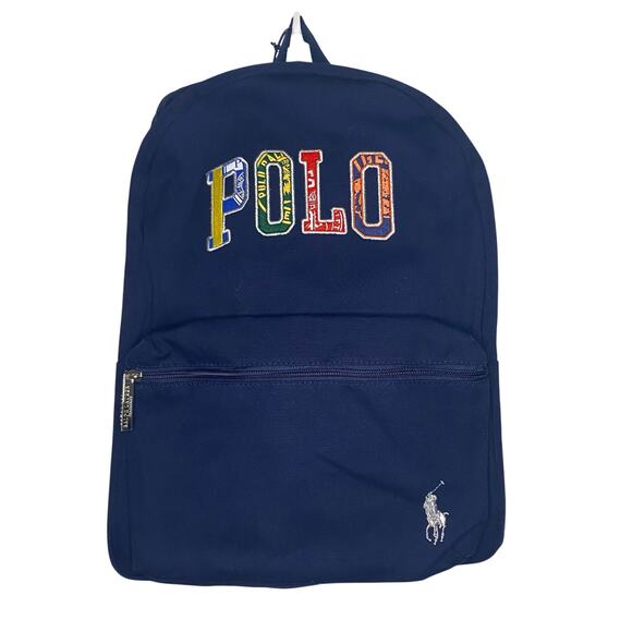 NWT Polo Ralph Lauren Backpack Colorful Patch Letter Logo Zip Pocket Navy Blue - Picture 1 of 12